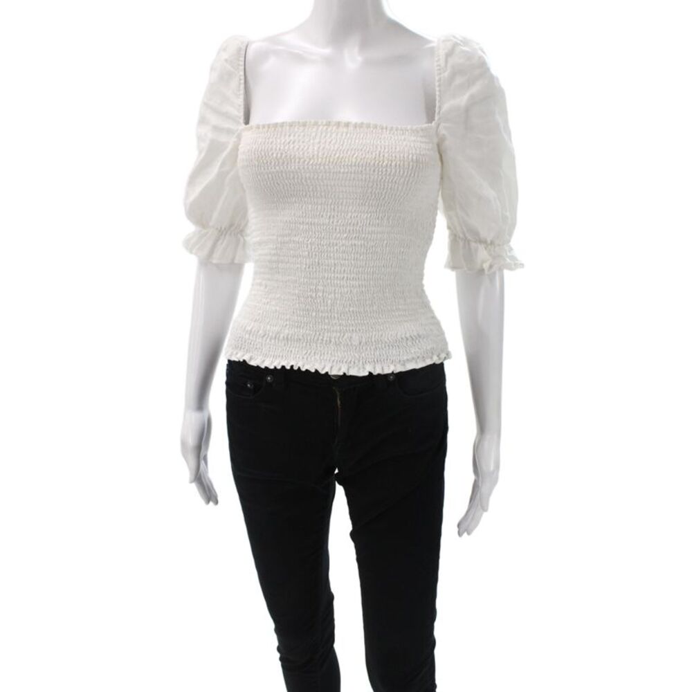 Reformation Womens Cropped Linen Square Neck Button Blouse Short Sleeve Size M